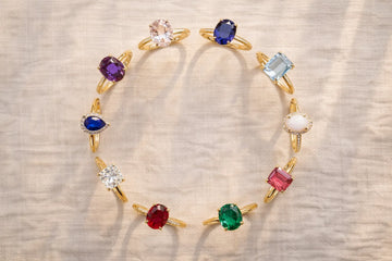 Circle of gold rings featuring birthstones for every month including garnet, amethyst, diamond, and emerald.