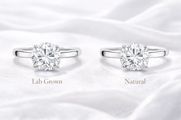Side by side comparison of lab grown and natural diamond engagement rings showing identical appearance and brilliance