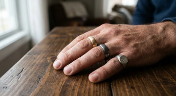 Men's rings in various styles and sizes displayed on hand showing different band widths and metals