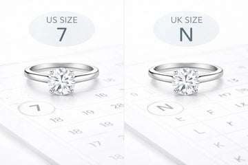 US size 7 and UK size N engagement ring comparison showing international sizing differences