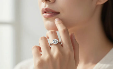 Classic round diamond solitaire engagement ring catching natural light on woman's hand