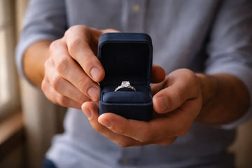 Man holding velvet engagement ring box with diamond solitaire ring before proposal