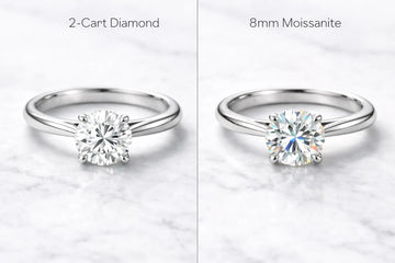 Side-by-side comparison of diamond and moissanite engagement rings in platinum settings showing visual similarities