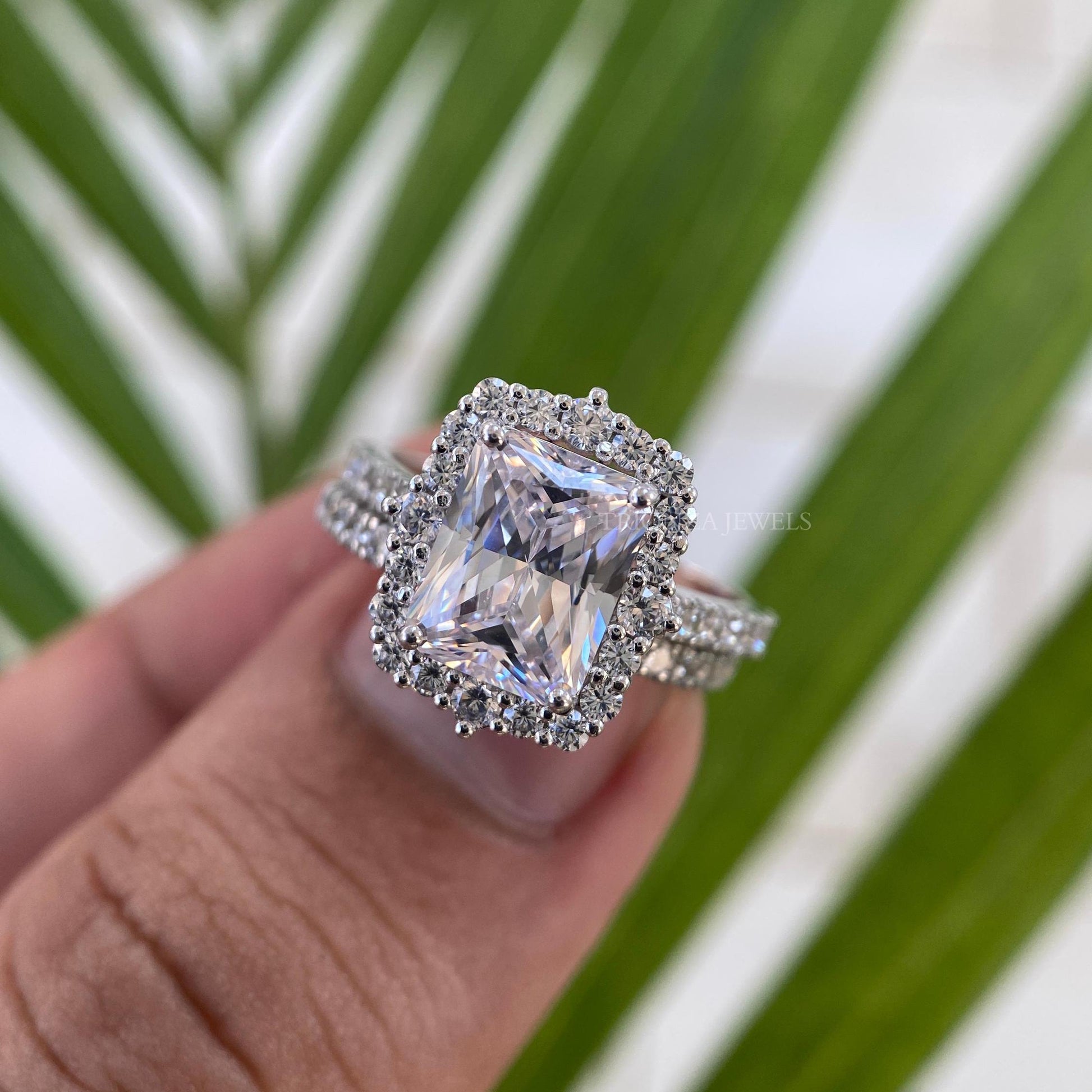 4 CT Radiant Moissanite Halo Engagement Ring 14K Gold Bridal Set