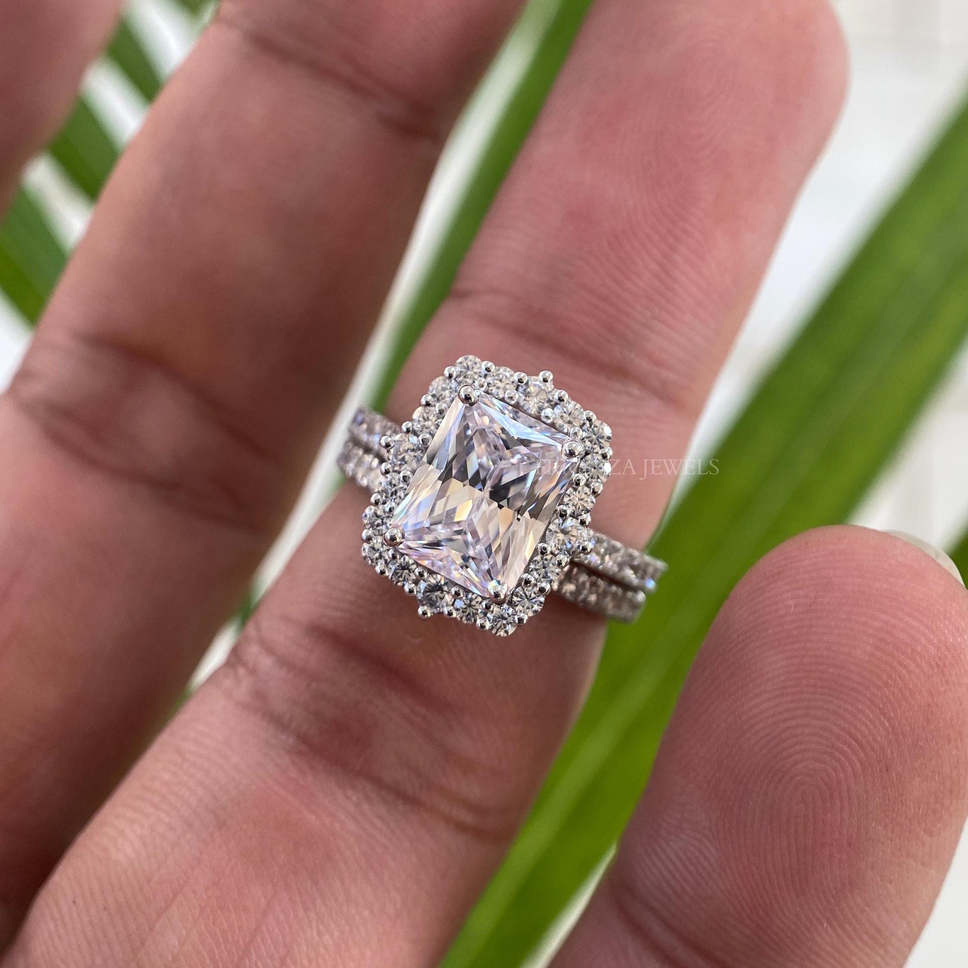 4 CT Radiant Moissanite Halo Engagement Ring 14K Gold Bridal Set