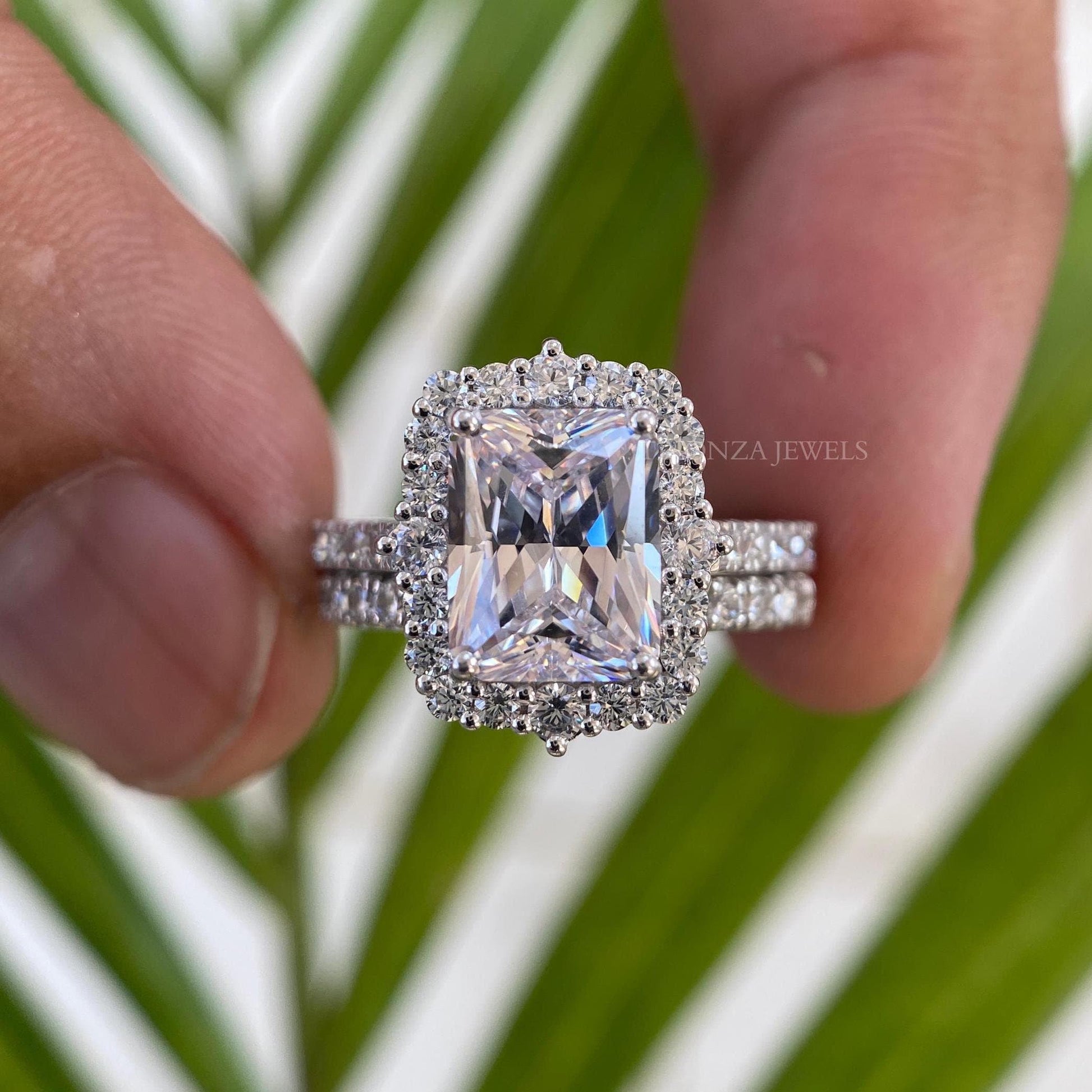 4 CT Radiant Moissanite Halo Engagement Ring 14K Gold Bridal Set