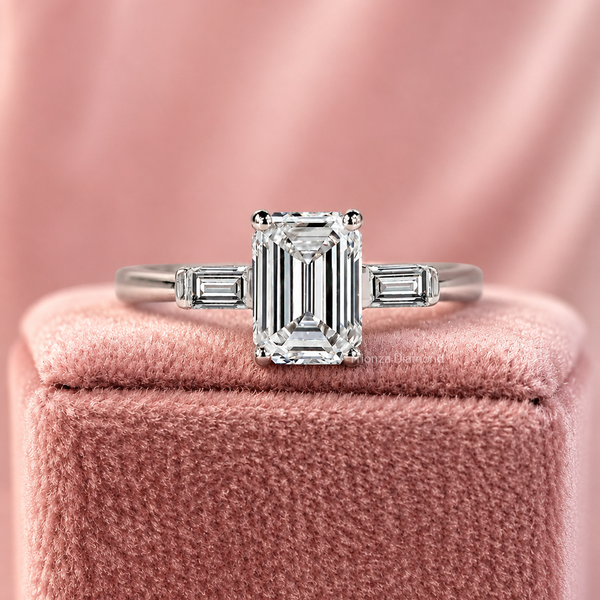 3 Stone Diamond Ring – Emerald and Baguette Cut | Elegant Diamond Engagement Ring
