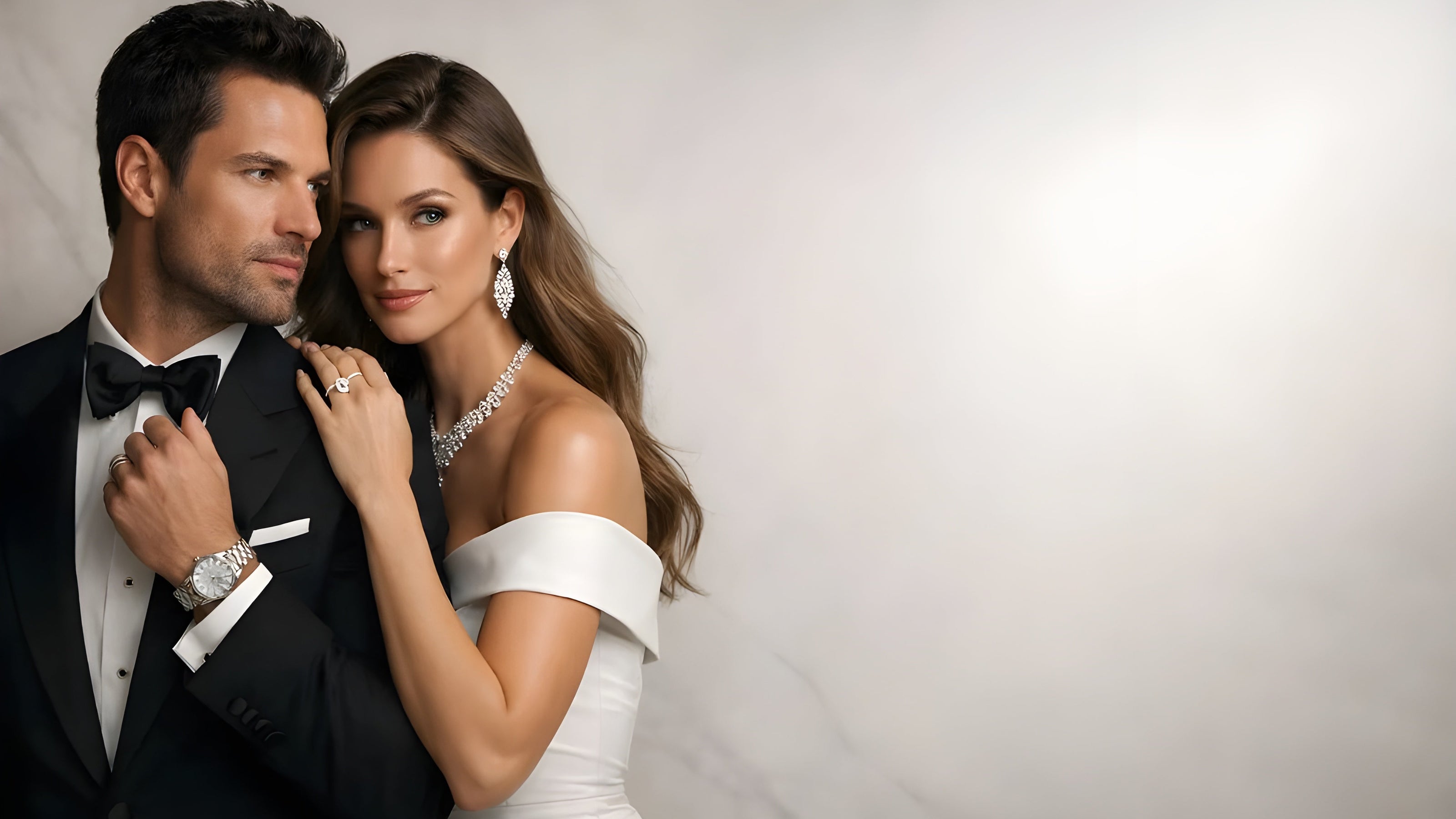 Man in tuxedo and woman in white dress posing against a plain background