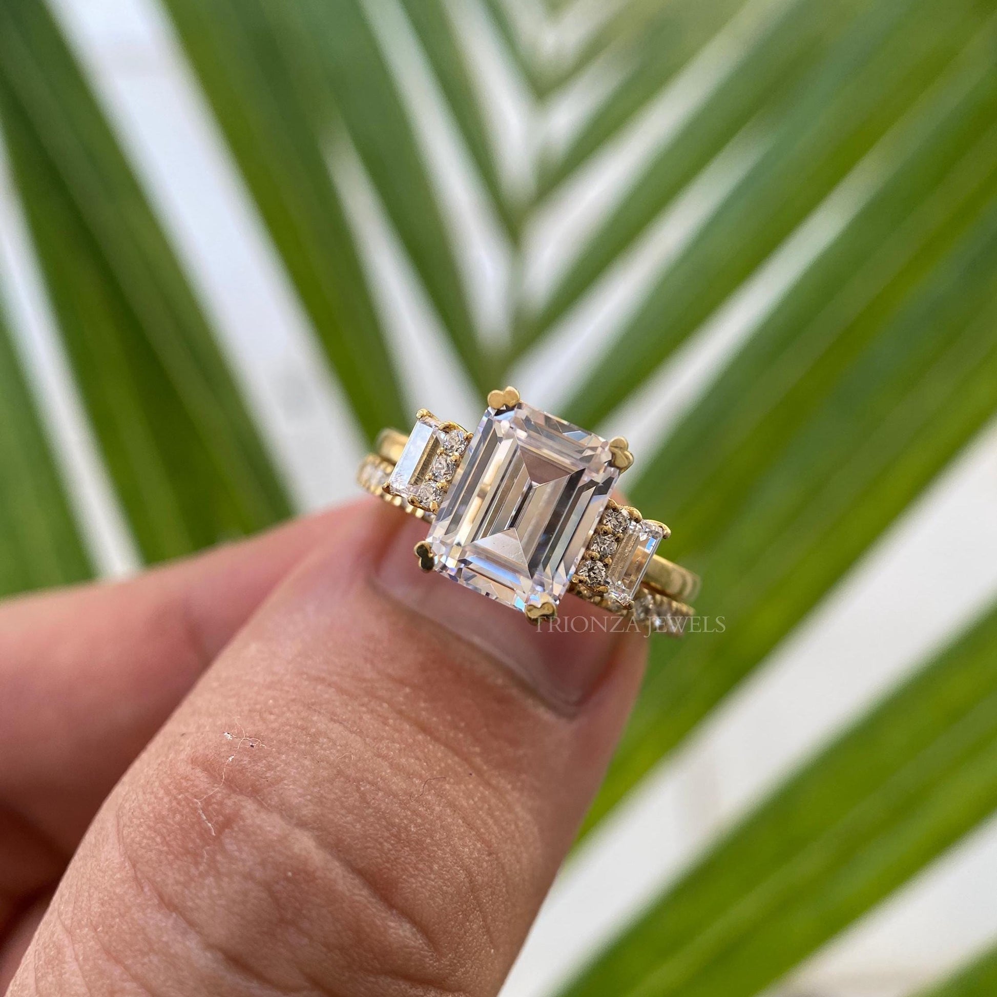 Emerald Cut Moissanite Bridal Wedding Ring Set for Her | 2ct