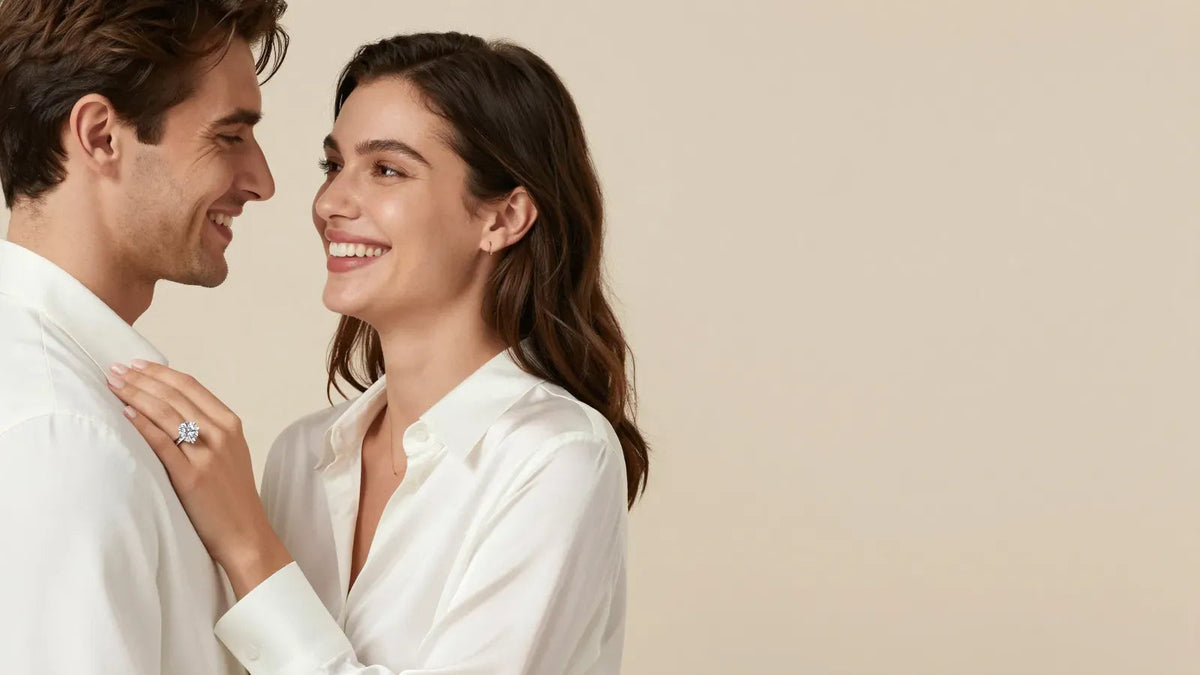 Man and woman in white shirts against a beige background