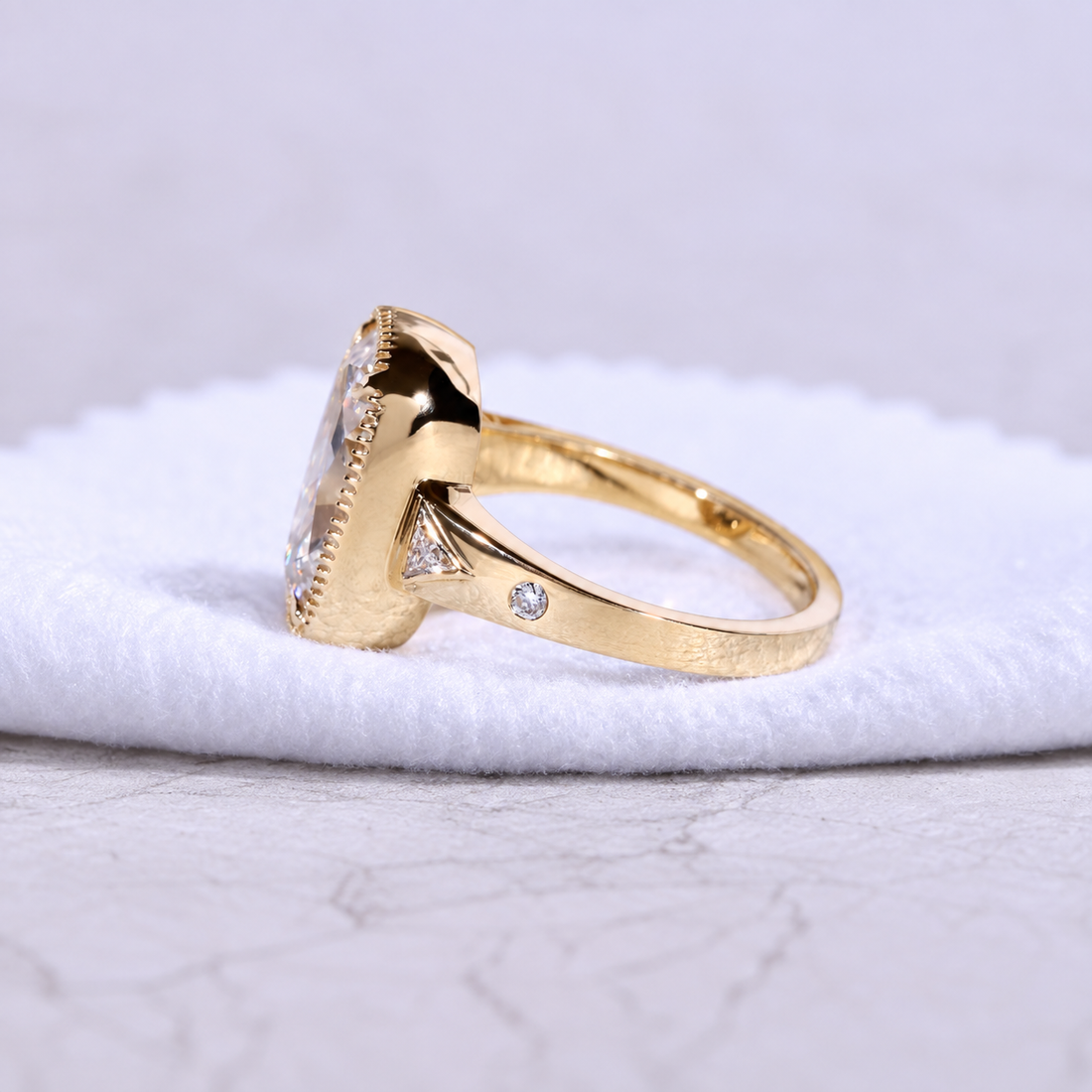 Elongated Old Mine Cushion Cut Lab Grown Diamond Engagement Ring with Milgrain Bezel & Trillion Accents – 14K Yellow Gold, 7.00 Carat