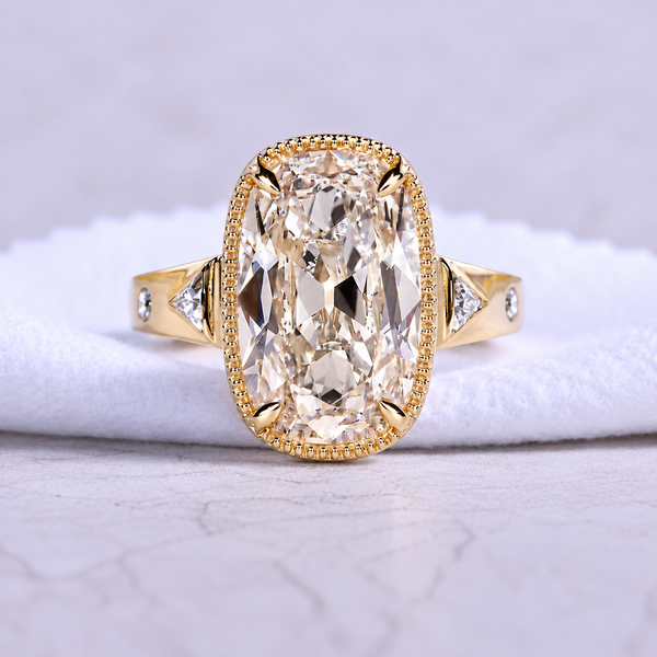 Elongated Old Mine Cushion Cut Lab Grown Diamond Engagement Ring with Milgrain Bezel & Trillion Accents – 14K Yellow Gold, 7.00 Carat