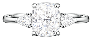 Diamond ring with a central gemstone and two smaller stones on a white background