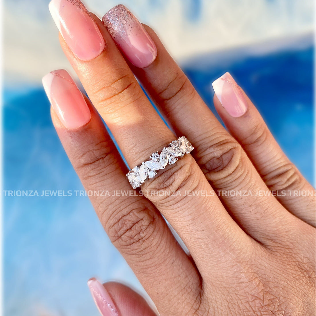 0.90TW Marquise & Round Moissanite Wedding Band for Women