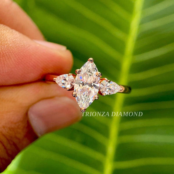 2CT Marquise Moissanite Trilogy Engagement Ring, Pear Side Stones