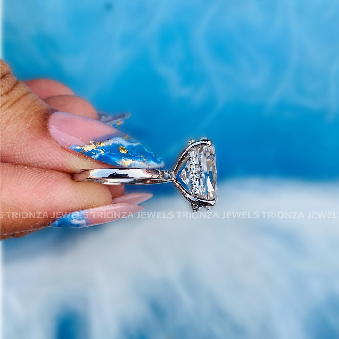 5.0 CT Moval Cut Moissanite Engagement Ring - 18K Gold Hidden Halo