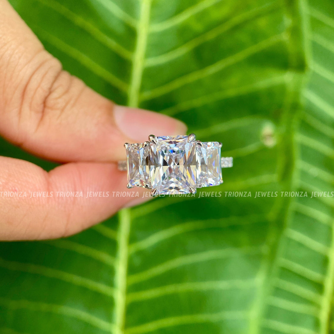 7.35 TWC Radiant Cut Moissanite Three Stone Pave Engagement Ring