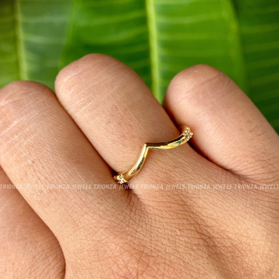 14k Gold V Diamond & Moissanite Wedding Band - Curved Chevron Ring