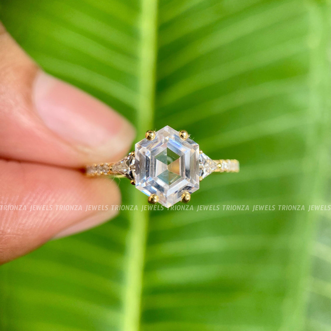 Art Deco Hexagon Moissanite Engagement Ring 14K Yellow Gold