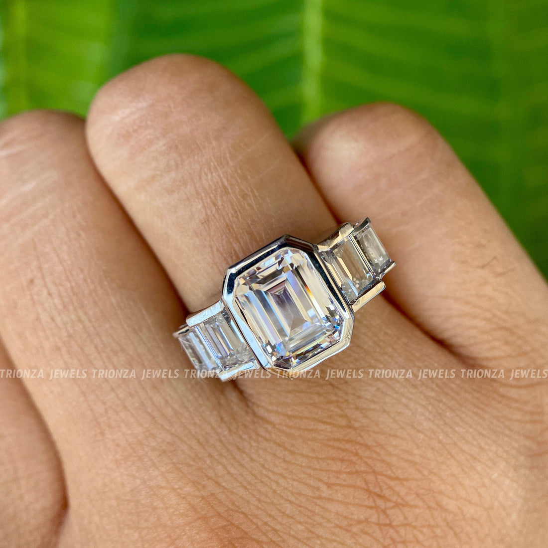 3.0 CTW Emerald Cut Moissanite Bezel Engagement Ring 18k Gold Plated