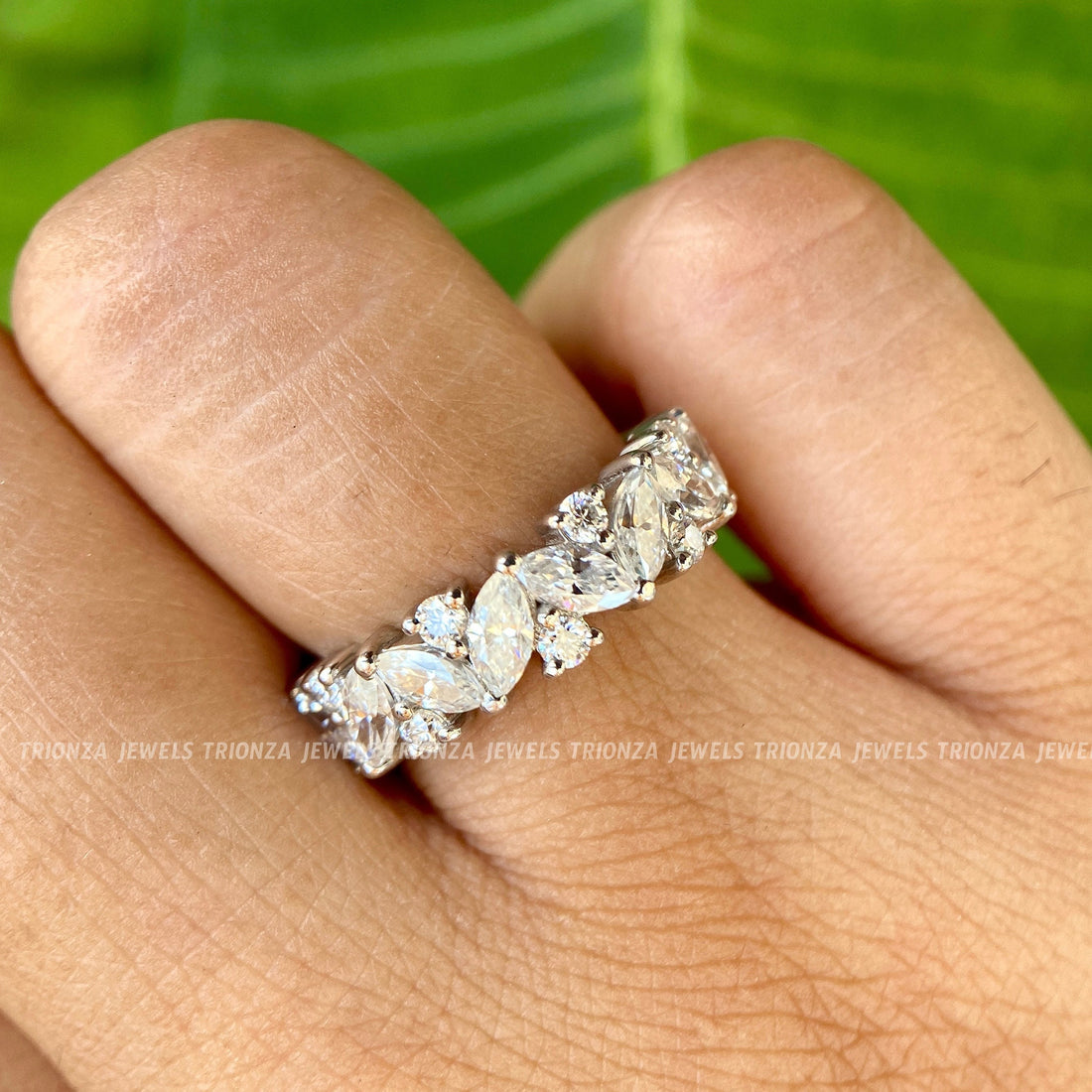 14K Gold Marquise & Round Moissanite Half Eternity Wedding Band