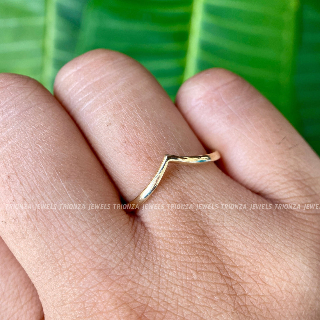 14k Gold Wishbone Chevron Ring - Stacking V Band, Wedding Ring