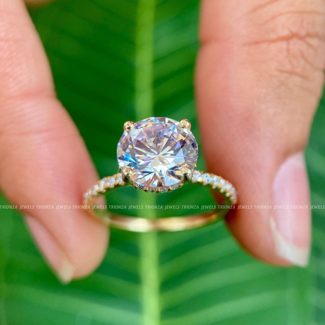 2CT Round Moissanite Engagement Ring - Hidden Halo Pave 14K Gold