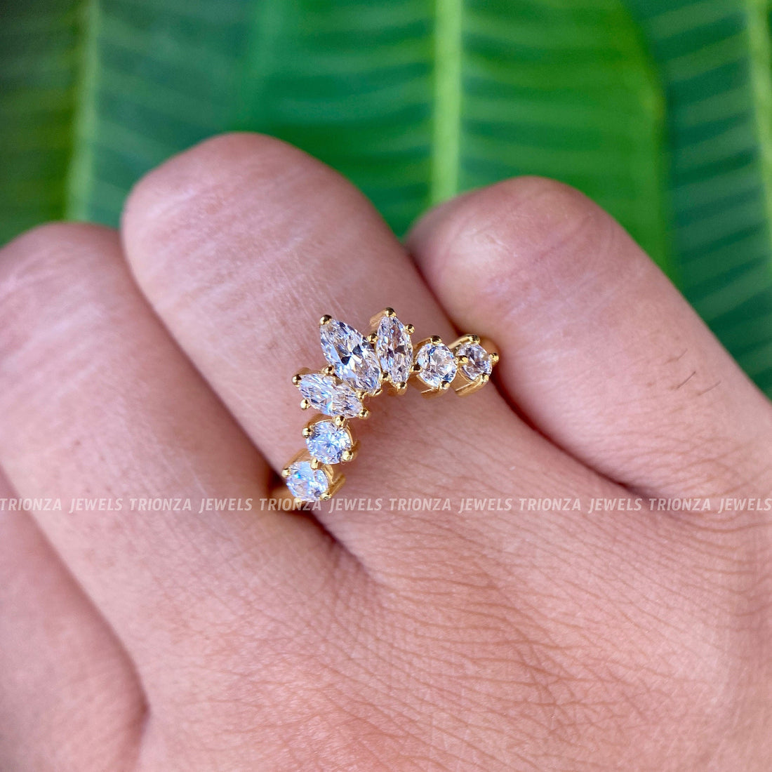 Vintage Tiara Marquise Moissanite Wedding Band - 14K Yellow Gold