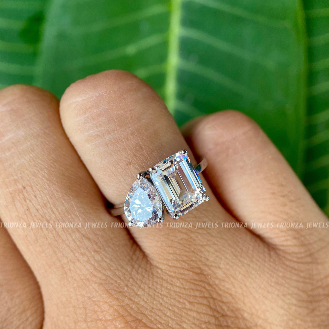 Pear & Emerald Cut Moissanite Toi Et Moi Engagement Ring 14K Gold