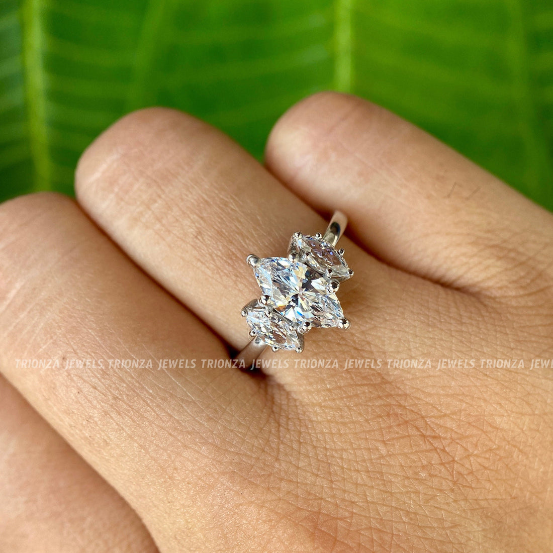 Vintage Elongated Marquise Moissanite 3 Stone Engagement Ring