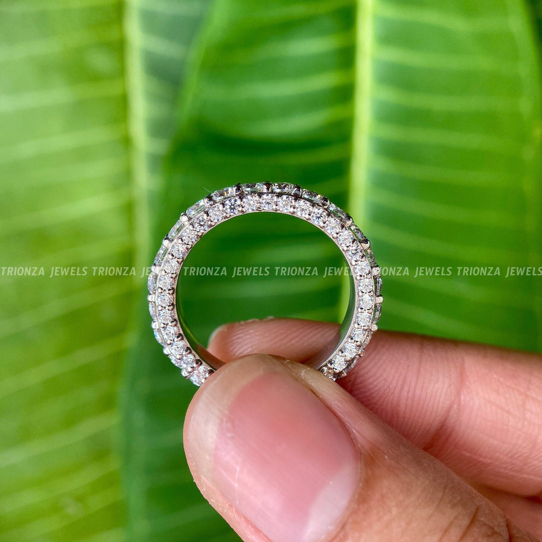 14K White Gold Three Sided Pave Moissanite Eternity Wedding Band
