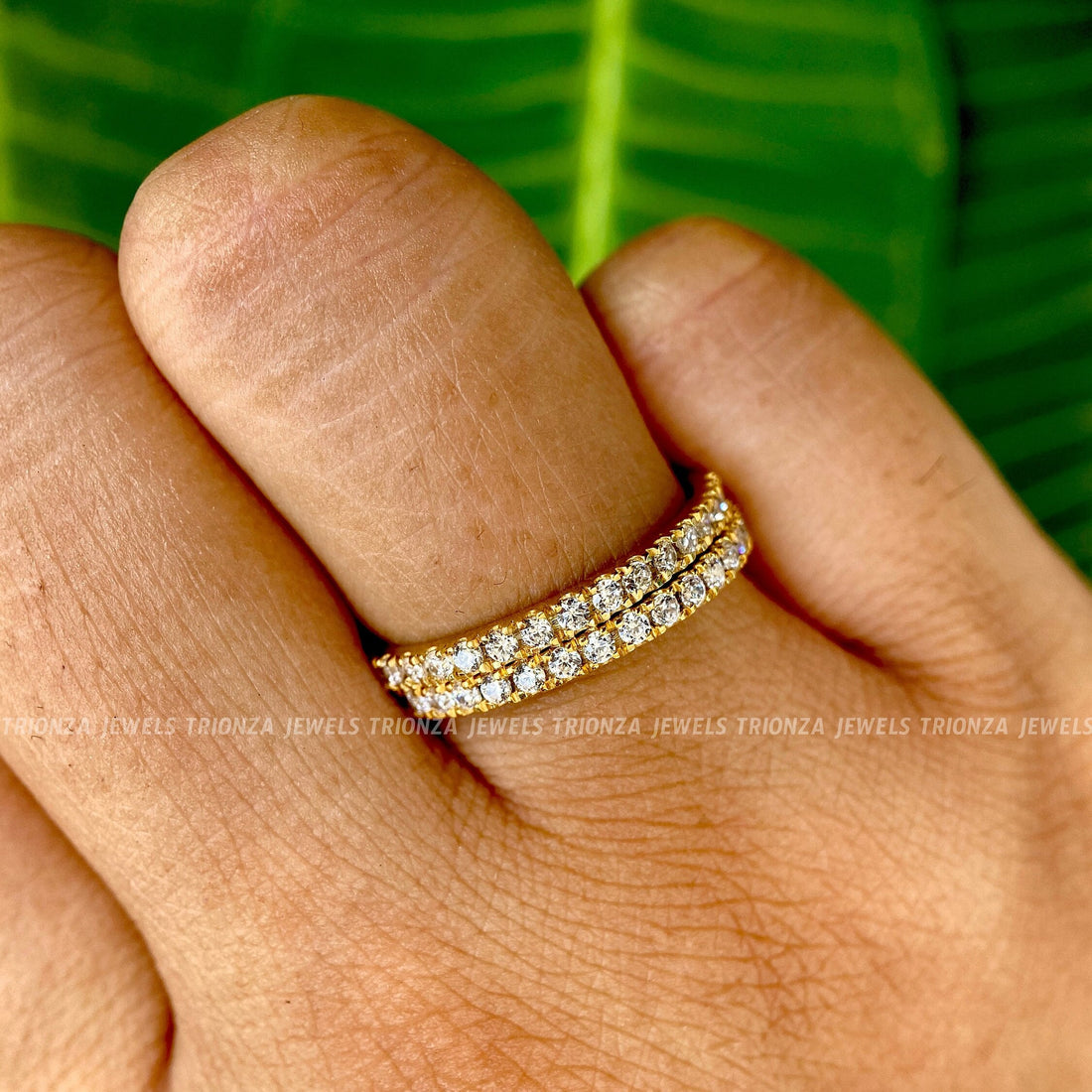Pave Moissanite Wedding Band Set - 14K Gold Half Eternity Rings