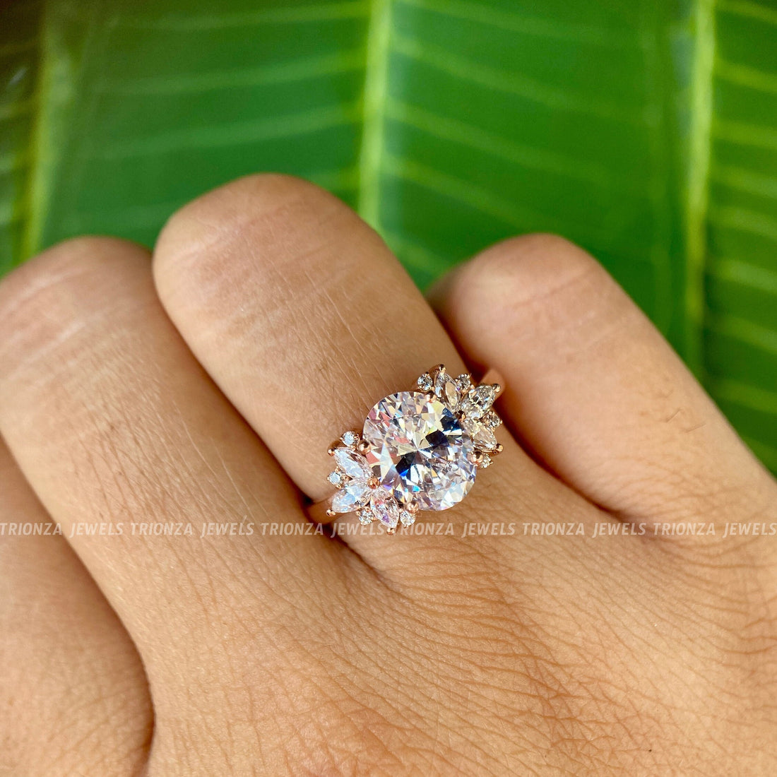 2.00 CT Oval Moissanite Engagement Ring | 14K Gold & Marquise Sides