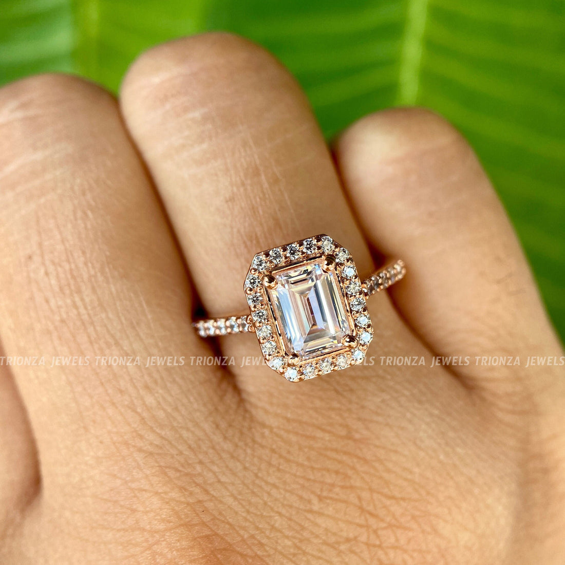 2 Ct Emerald Cut Moissanite Engagement Ring 14k Rose Gold Halo