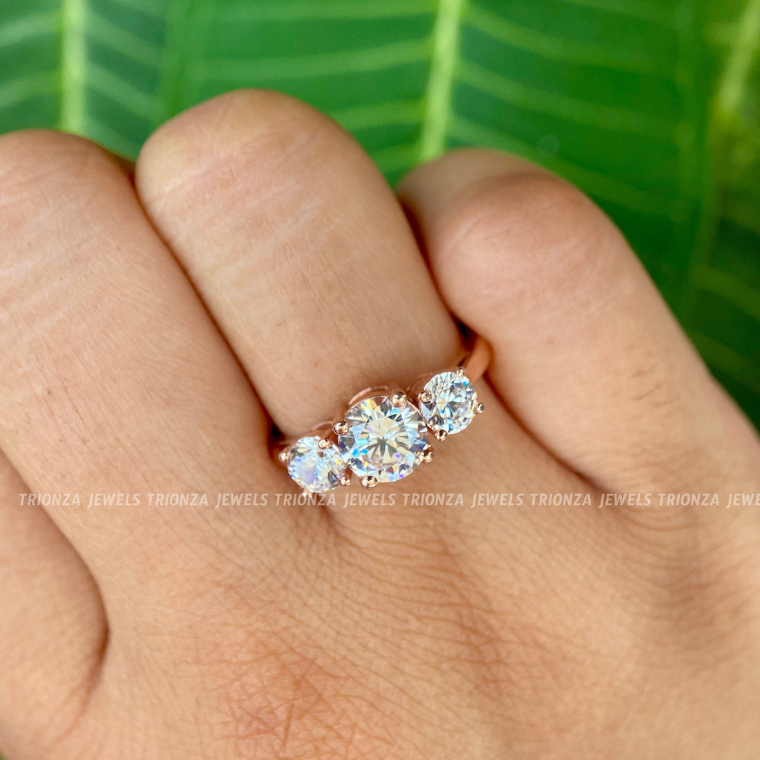 Three Stone 1.5 CT Round Moissanite Engagement Ring 14k Gold