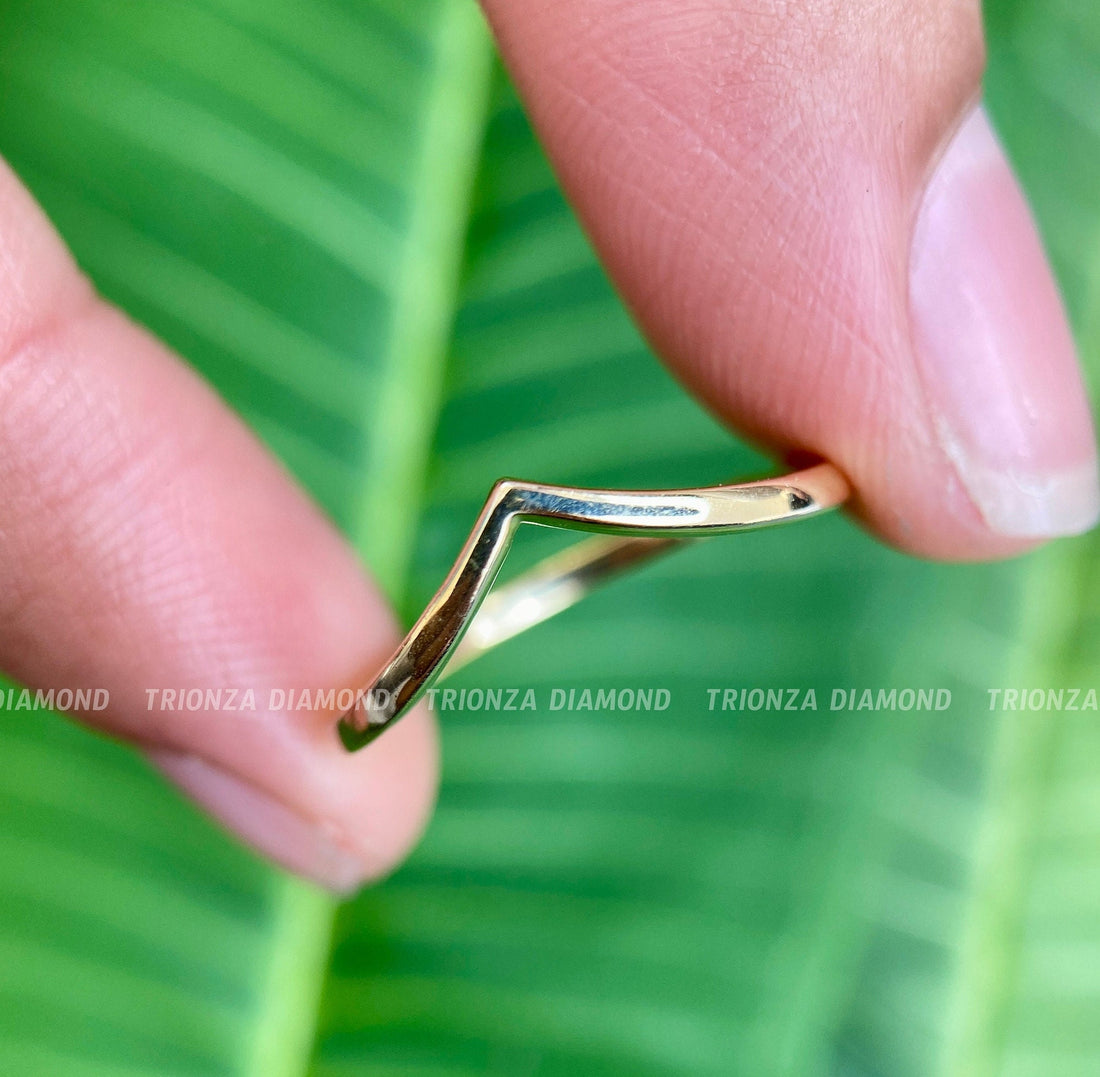 14K Gold Wishbone Stacking Ring - Curved Wedding Band for Women