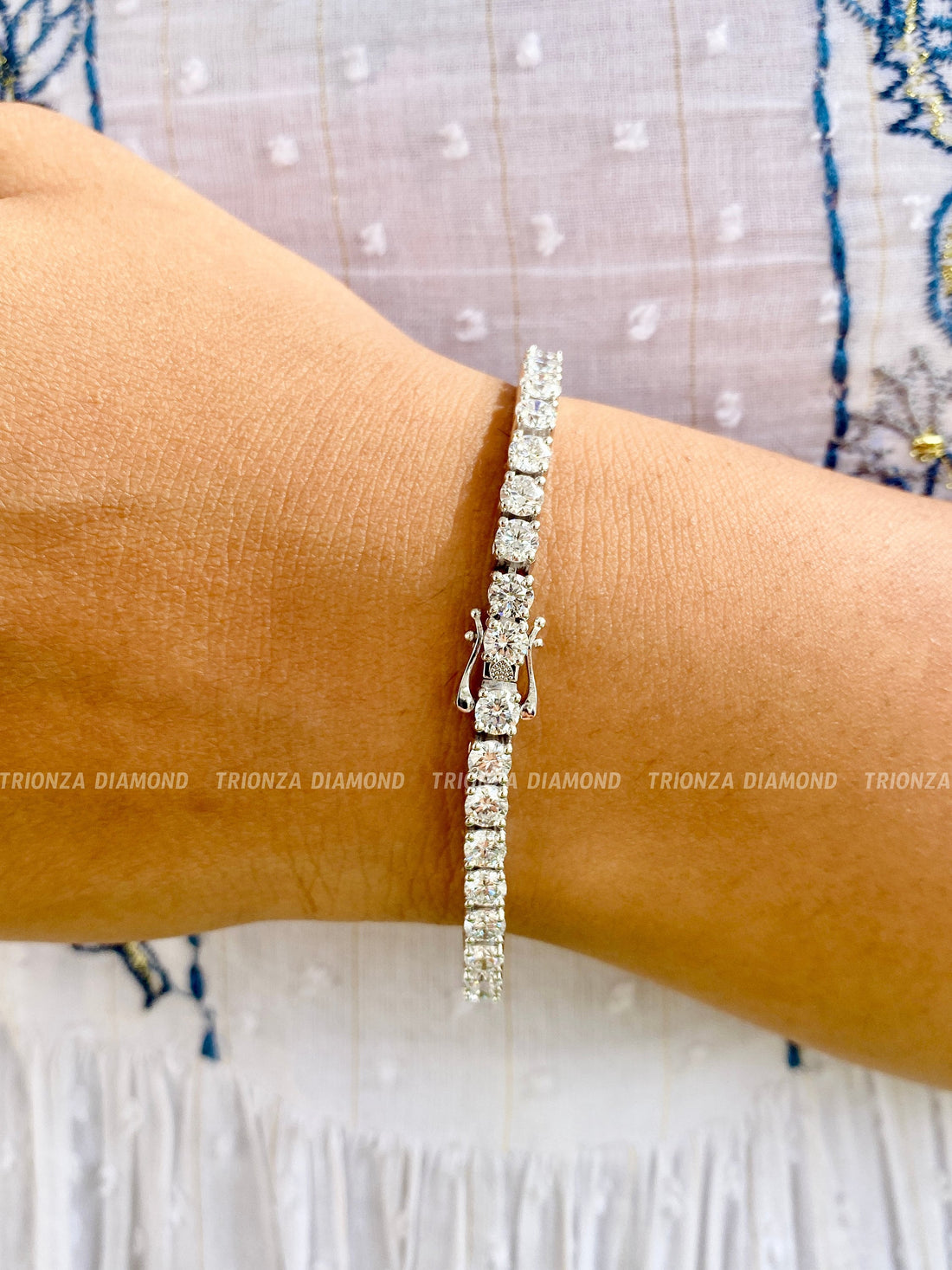 Round brilliant cut lab grown diamond tennis bracelet in 14K solid gold with stackable design