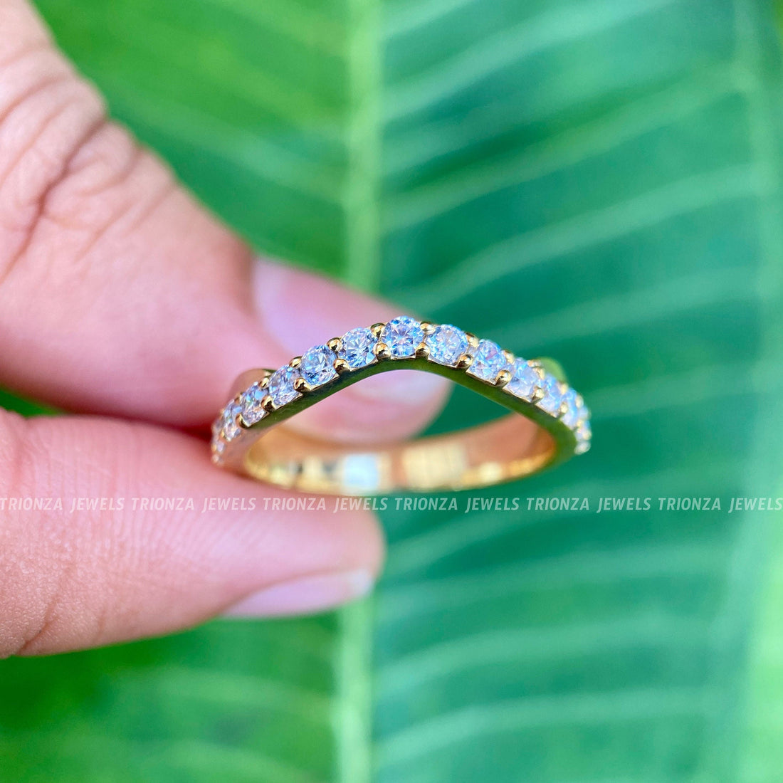 Curved Moissanite Wedding Band - Half Eternity Stacking Ring