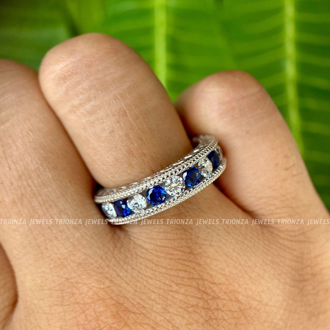 0.75ctw Blue Sapphire Diamond 14K Gold Wedding Band | Sept Birthstone