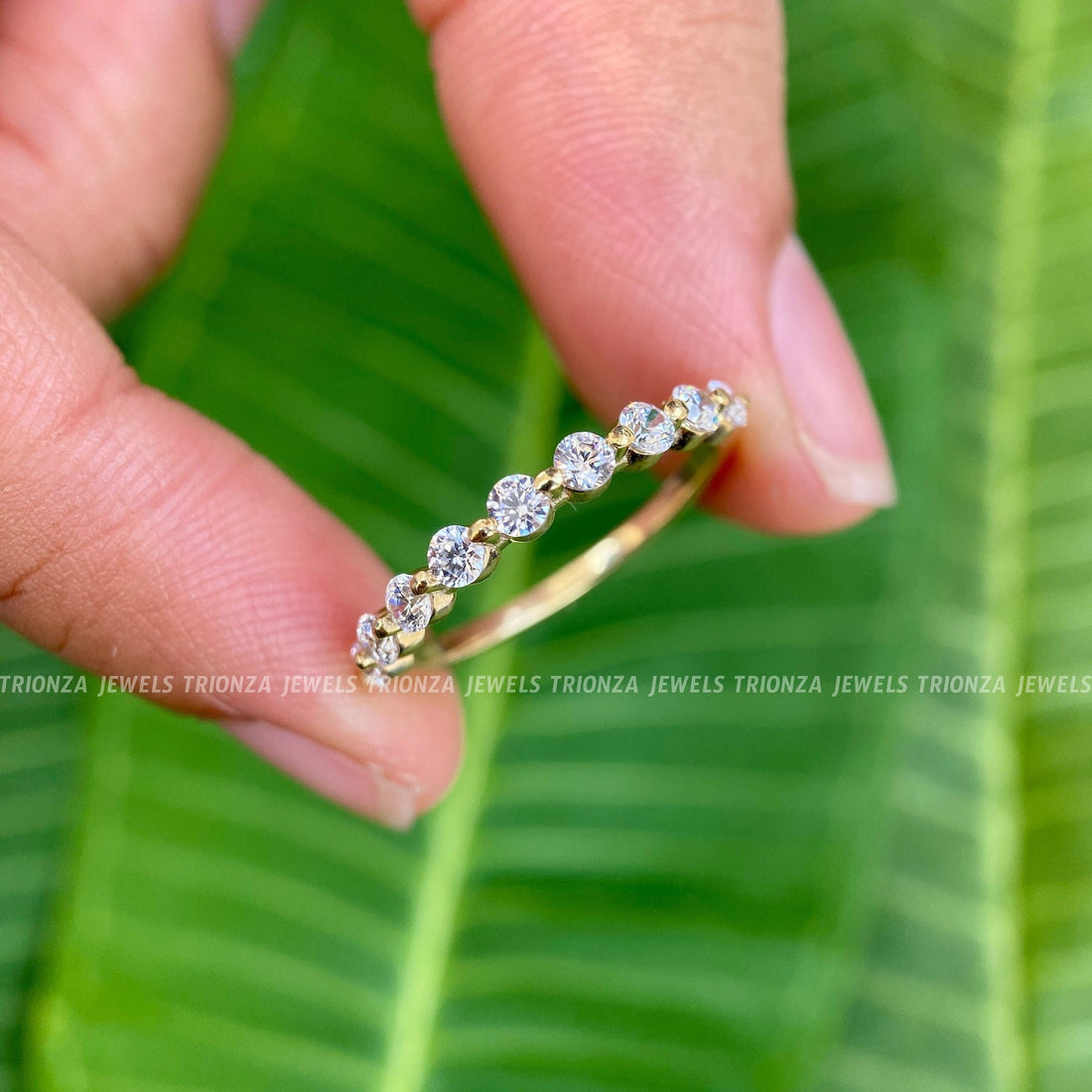 2.5 mm Half Floating Diamond Wedding Band 14K Solid Real Gold with Simulated Diamonds For Women Half Eternity Band, Anniversary & Wedding