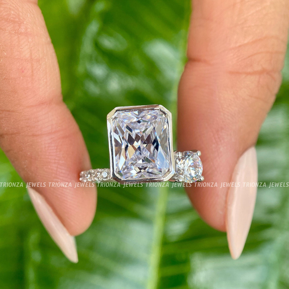 4.45 CT Radiant & Round Moissanite Two Stone Gold Engagement Ring