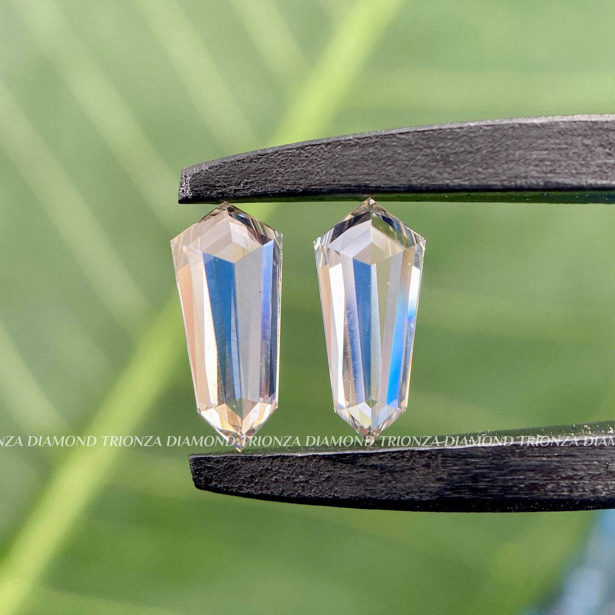 Loose lab grown diamond pair arranged to showcase brilliance and clean cut lines