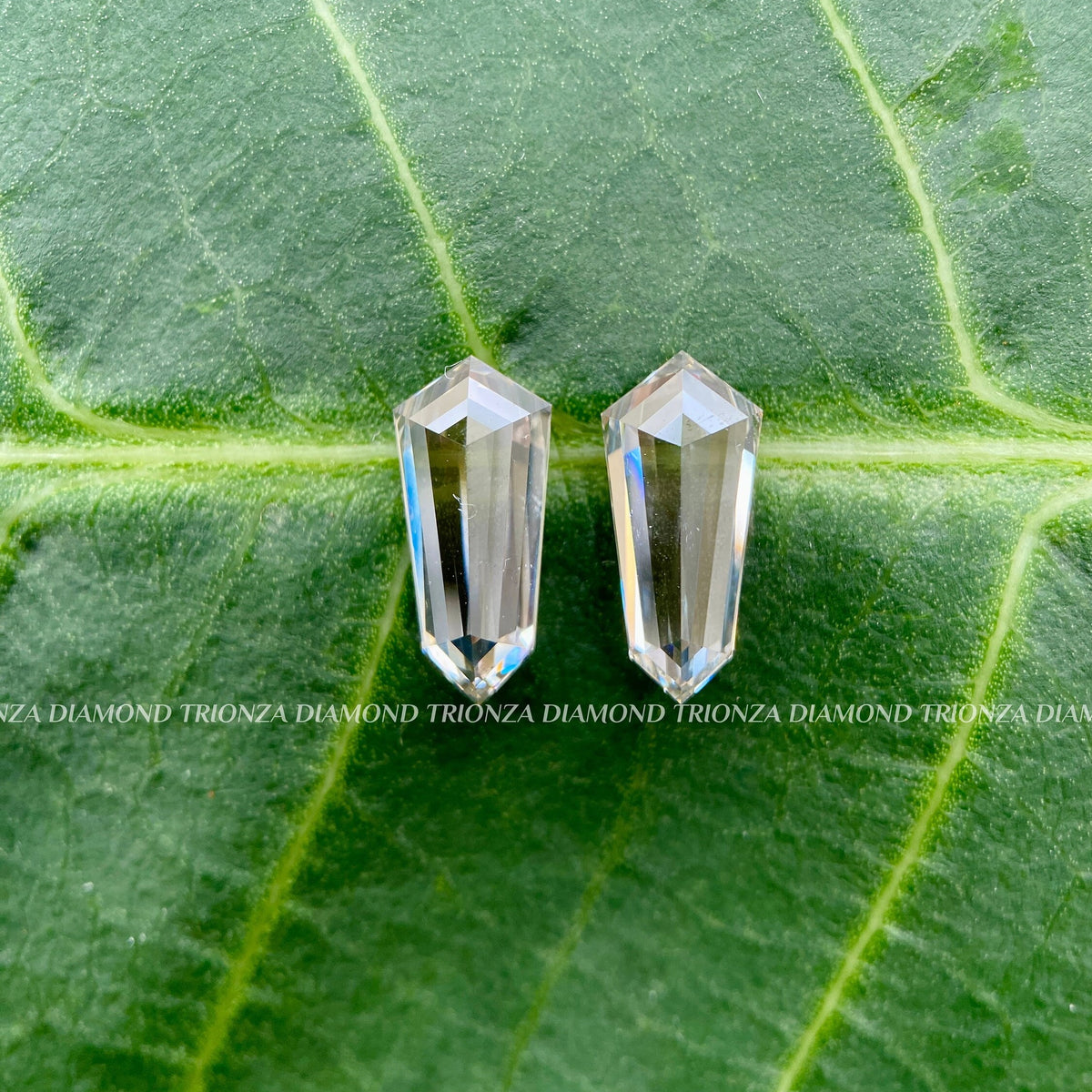 TrionzaDiamond shield cut diamond pair crafted for custom engagement ring designs