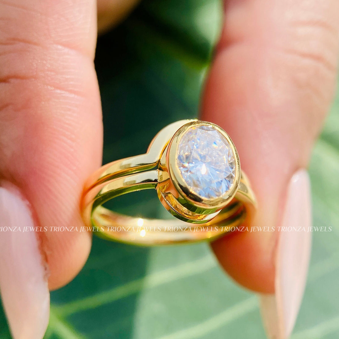 2CT Oval Bezel Lab Grown Diamond Bridal Set - IGI Certified