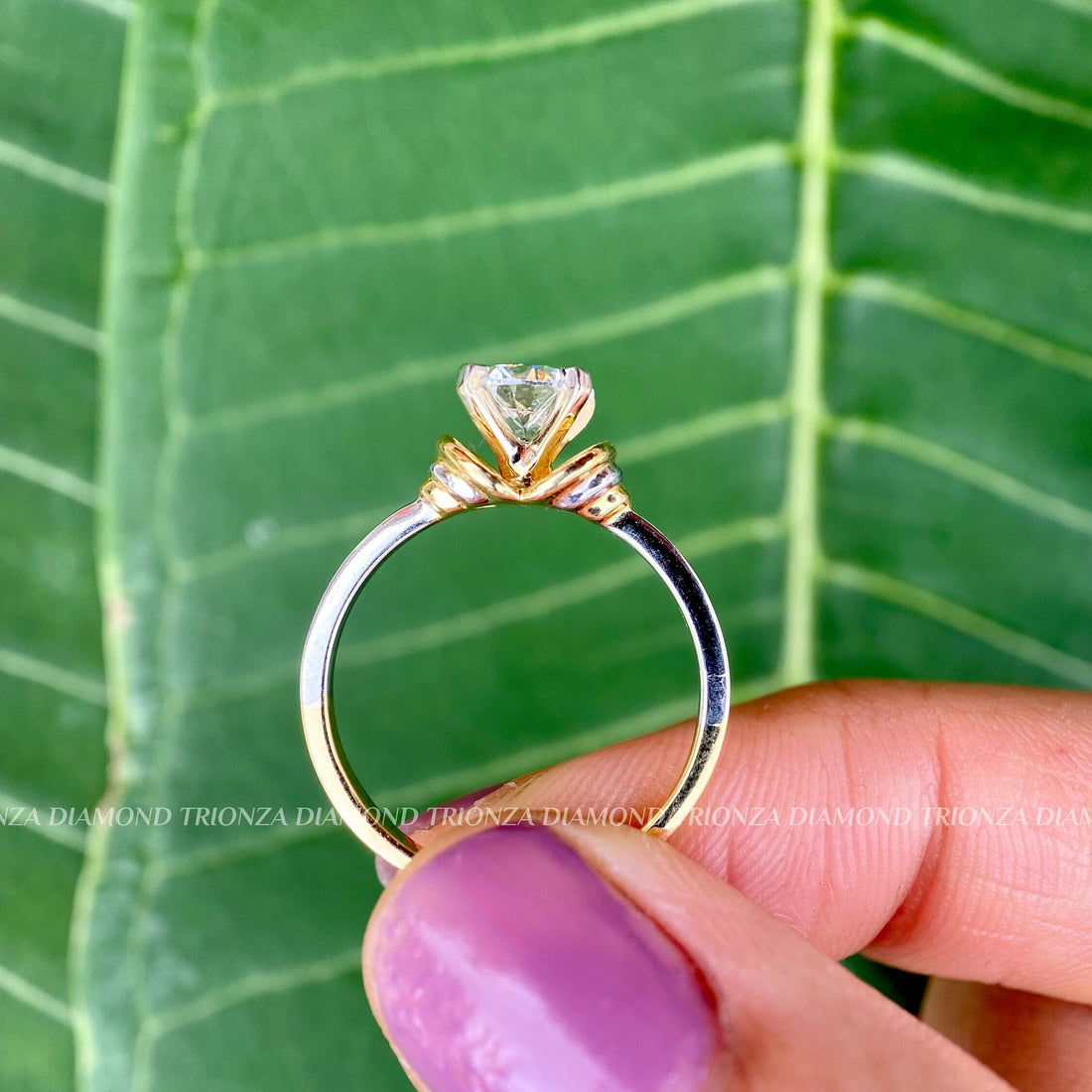 Round cut lab grown diamond solitaire engagement ring handmade in 14k two tone gold