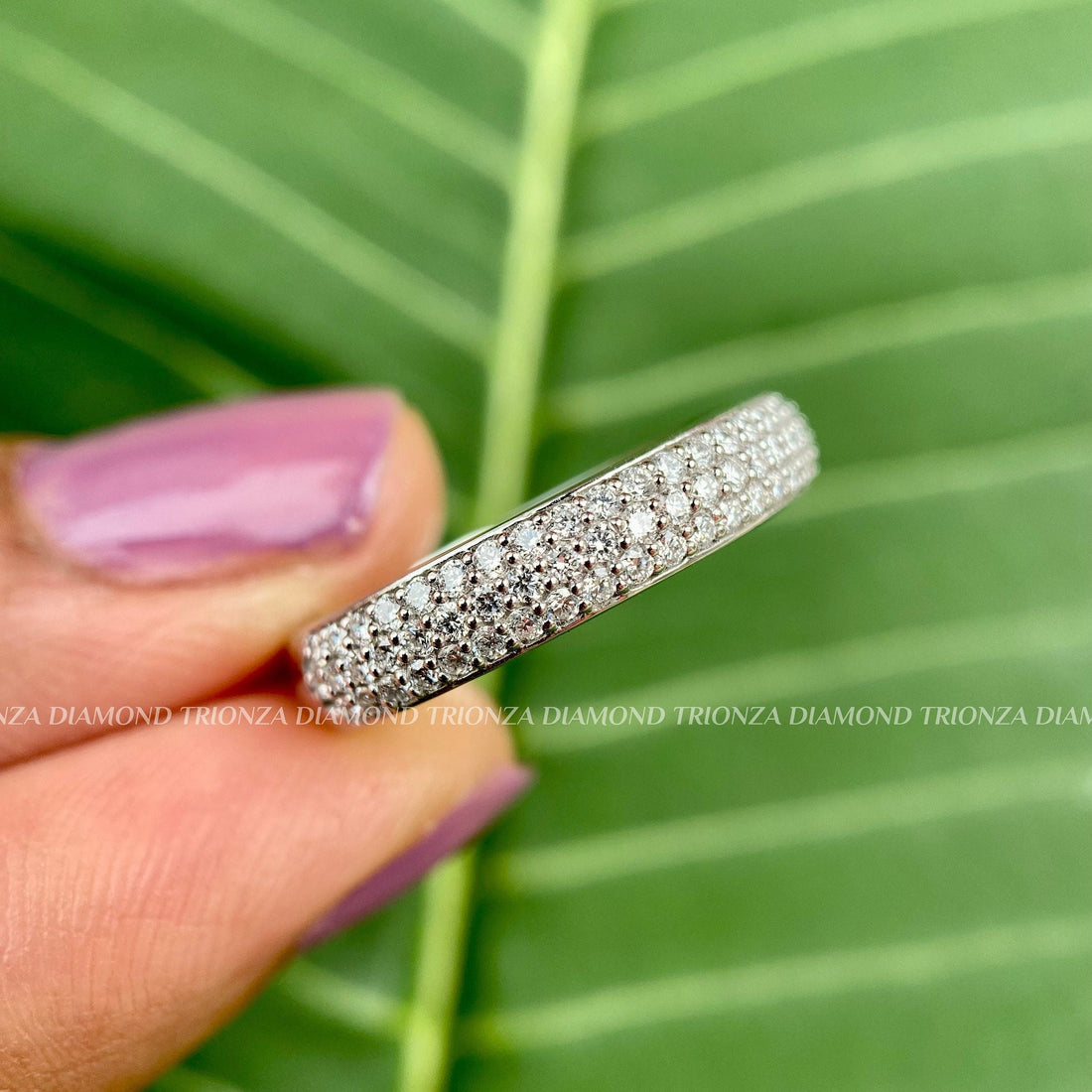 Micro three row pave half eternity band showcasing round cut lab grown diamonds in white gold