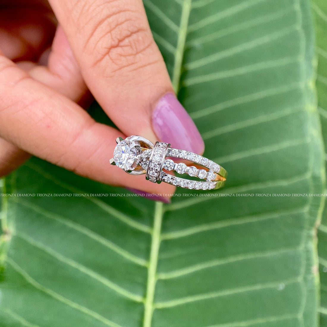 1CT Round Lab Diamond Trio Split Shank Engagement Ring, IGI Certified