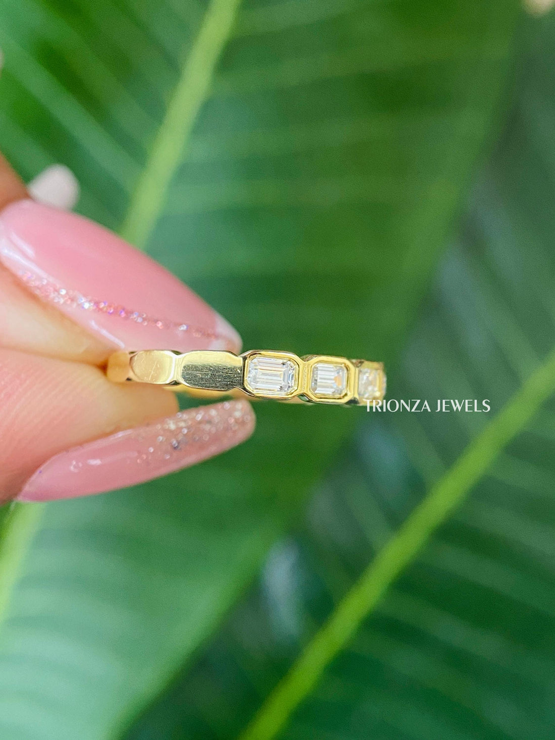 Emerald Cut Moissanite Half Eternity Stacking Wedding Band 14K Gold