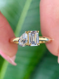 Pear and emerald cut moissanite Toi Et Moi engagement ring in 14k solid yellow gold shank