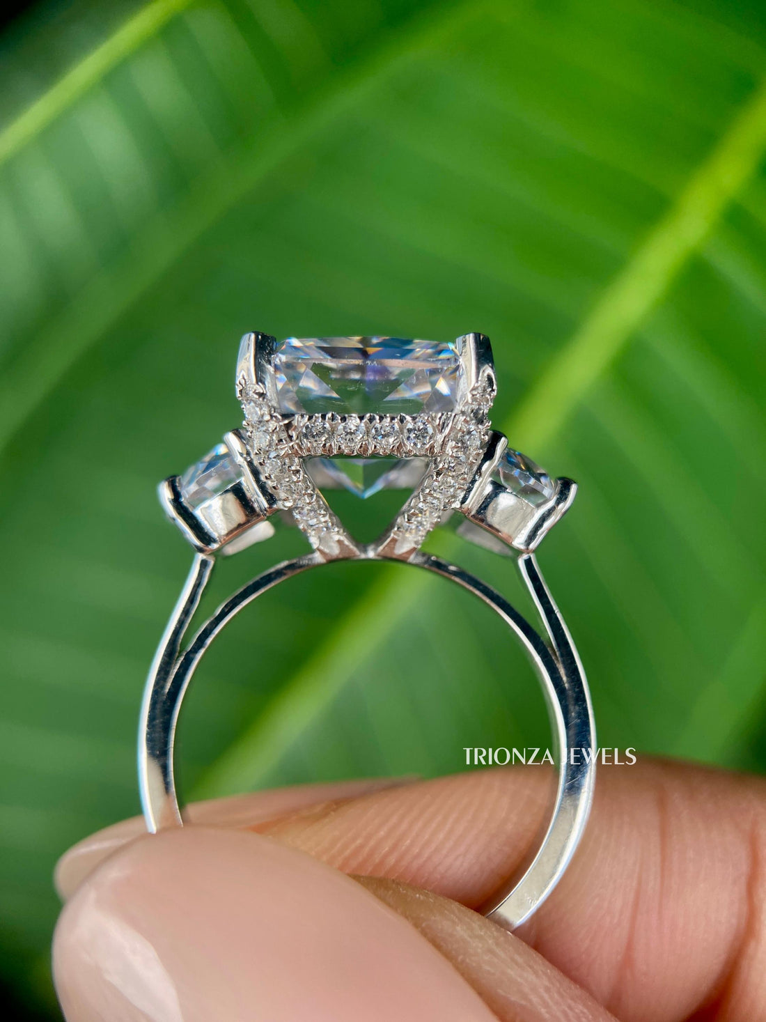 7.10 TCW Ice Crushed Radiant Moissanite Three Stone Engagement Ring